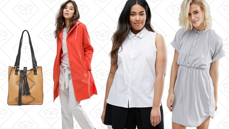 Gracie Roberts Tote Bag, $32 | YMC Hooded Rain Trench, $158 | Elvi Plus Shirt With Dip Hem, $16 | Daisy Street Button Up Dress, $31